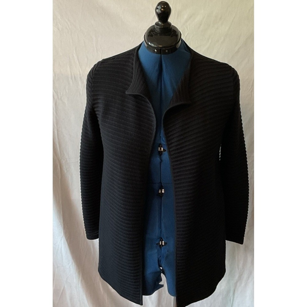 Talbots Petites Black Striped Knit Open Front Cardigan Sweater SP Longline Rib